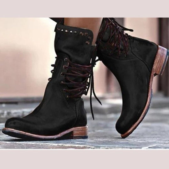 Damen Lederstiefel mit Schnürung und Nieten R&B