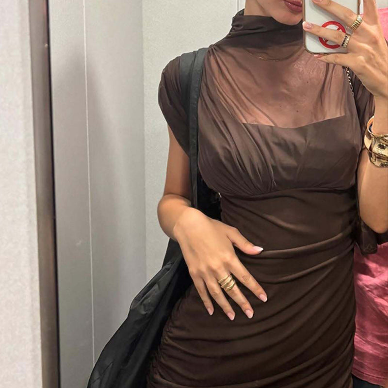 Damen Maxi-Kleid mit transparenten Puffärmeln und elegantem Raffungseffekt R&B