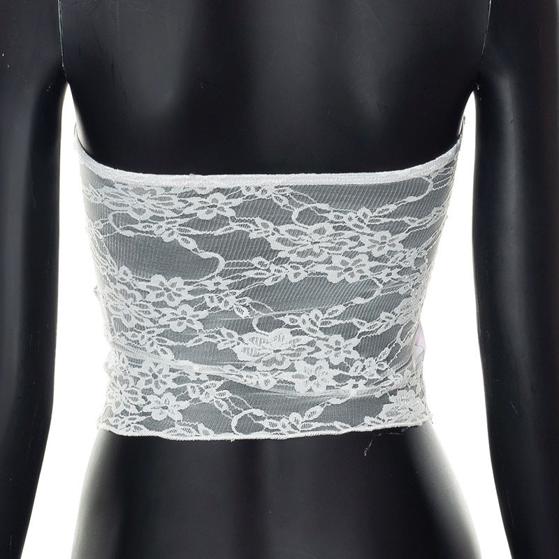 Damen Bandeau-Top mit floralen Details und Spitzenabschluss R&B