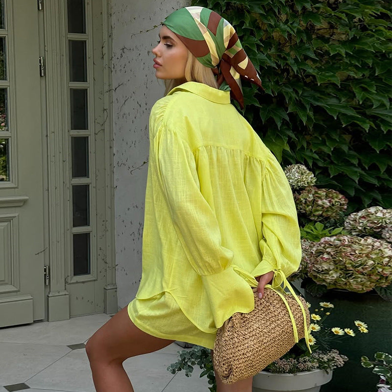 Damen Leichte Leinen-Loungewear-Kombination mit lässiger Short und oversized Hemd R&B