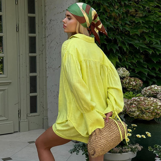 Damen Leichte Leinen-Loungewear-Kombination mit lässiger Short und oversized Hemd R&B