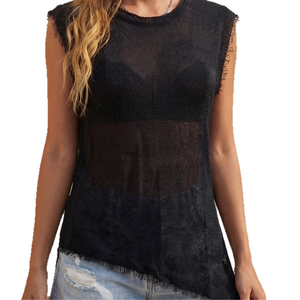 Damen lässiges Leinen-Top mit fransigen Details R&B