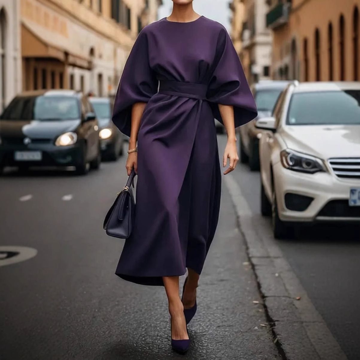 Midikleid Damen mit Puffärmeln