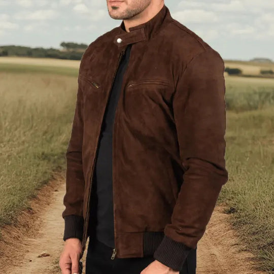 Herren Suede-Bomberjacke mit trendigem Stehkragen und praktischen Taschen R&B