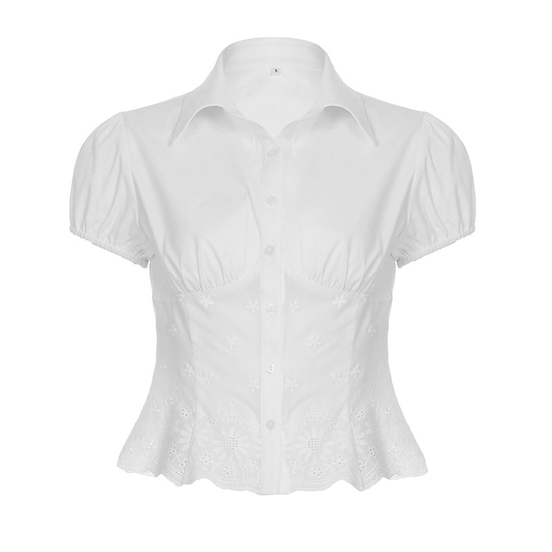 Damen Bluse mit eleganter Spitzenverzierung und Puffärmeln R&B