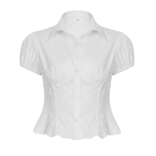 Damen Bluse mit eleganter Spitzenverzierung und Puffärmeln R&B