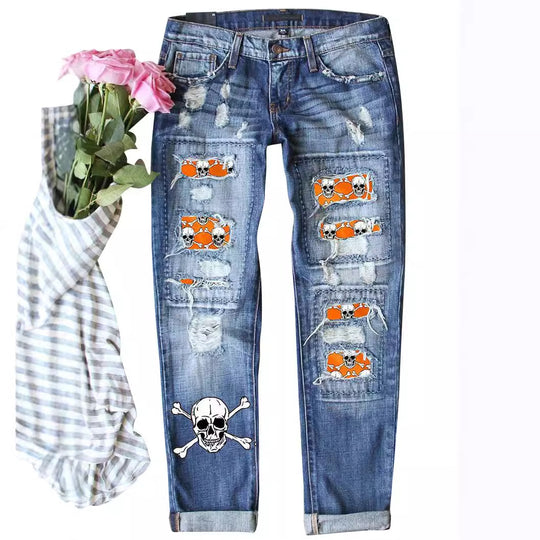Damen Skinny Jeans mit auffälligen Totenkopf-Mustern R&B