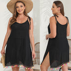 Damen luftiges Strandkleid mit buntem Quastenabschluss R&B