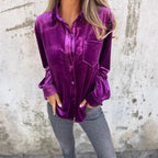 Damen Elegante Samtbluse mit klassischem Hemdkragen und langen Ärmeln R&B