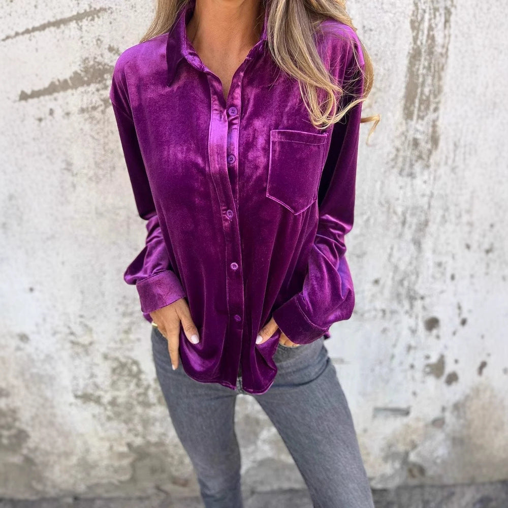 Damen Elegante Samtbluse mit klassischem Hemdkragen und langen Ärmeln R&B