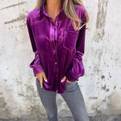 Damen Elegante Samtbluse mit klassischem Hemdkragen und langen Ärmeln R&B