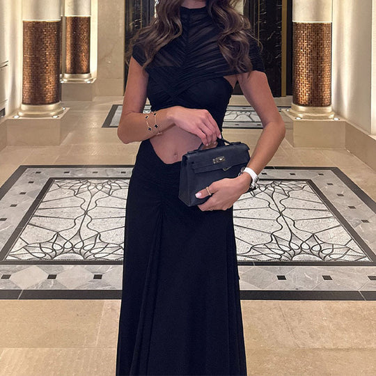Damen Elegantes Maxikleid mit Raffungen und durchsichtigem Oberteil R&B
