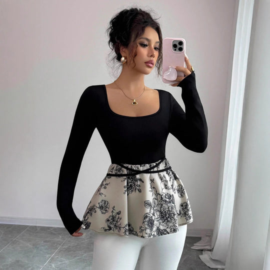 Damen nan formgebendes Langarm-Top mit quadratischem Ausschnitt, nahtlosem Stretch und verlängerter Hüftpartie R&B