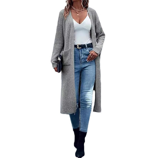 Damen Langer Strickmantel mit strukturiertem Design und praktischen Taschen R&B