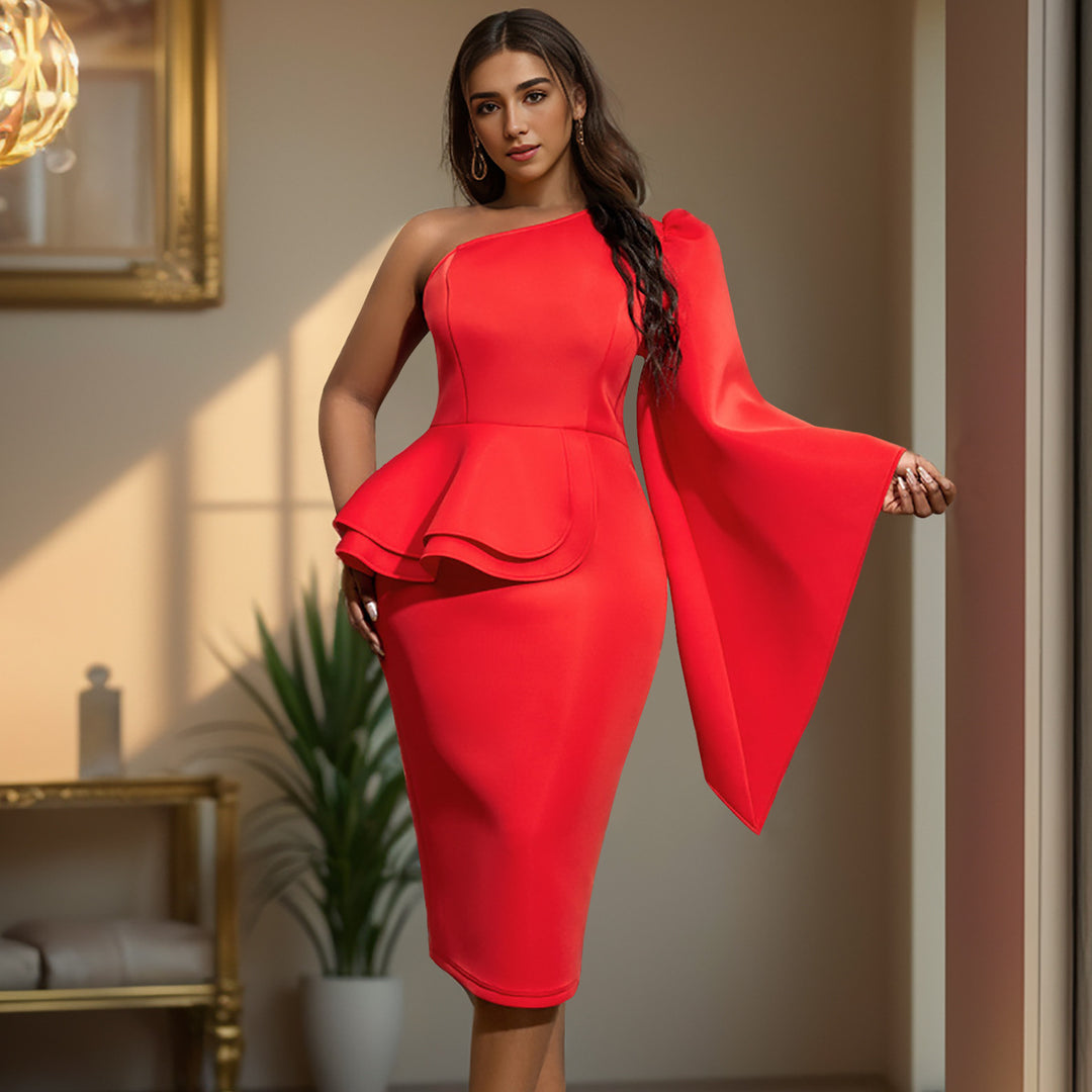 Damen figurbetontes Cocktailkleid mit asymmetrischem Rüschenvolant R&B