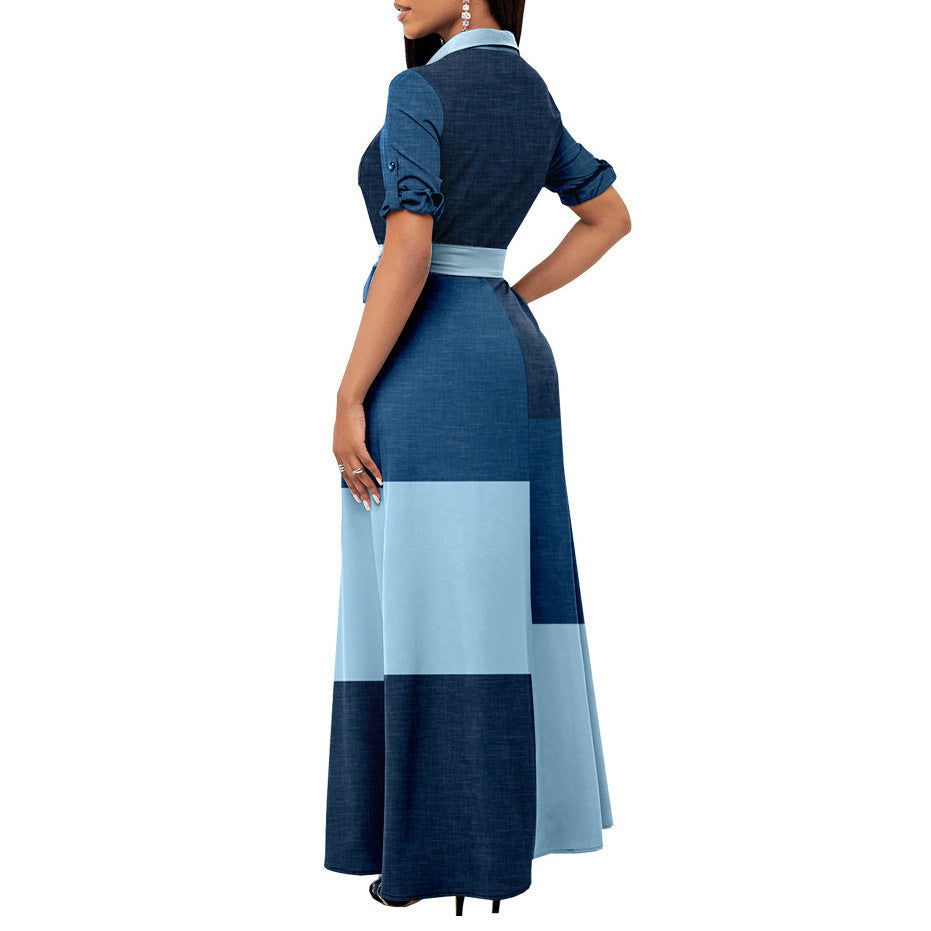 Damen Elegantes Knopfhemd-Maxikleid mit tailliertem Gürtel R&B