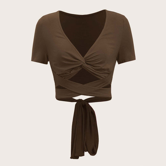 Damen Einseitig drapiertes Crop-Top mit Bindegürtel R&B
