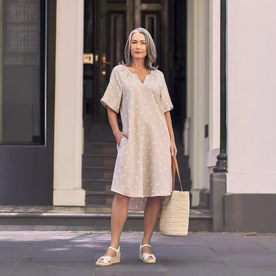 Damen nan lockeres A-Linien Leinenoptik-Kleid mit V-Ausschnitt, geraffter Schulterpartie und Eingrifftaschen R&B