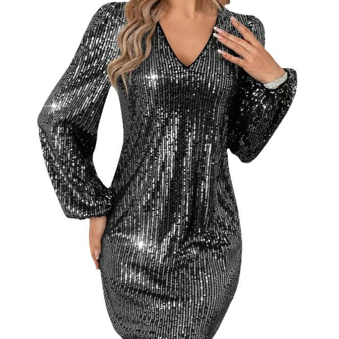 Damen Glitzerndes Cocktailkleid mit V-Ausschnitt und langen Ärmeln R&B