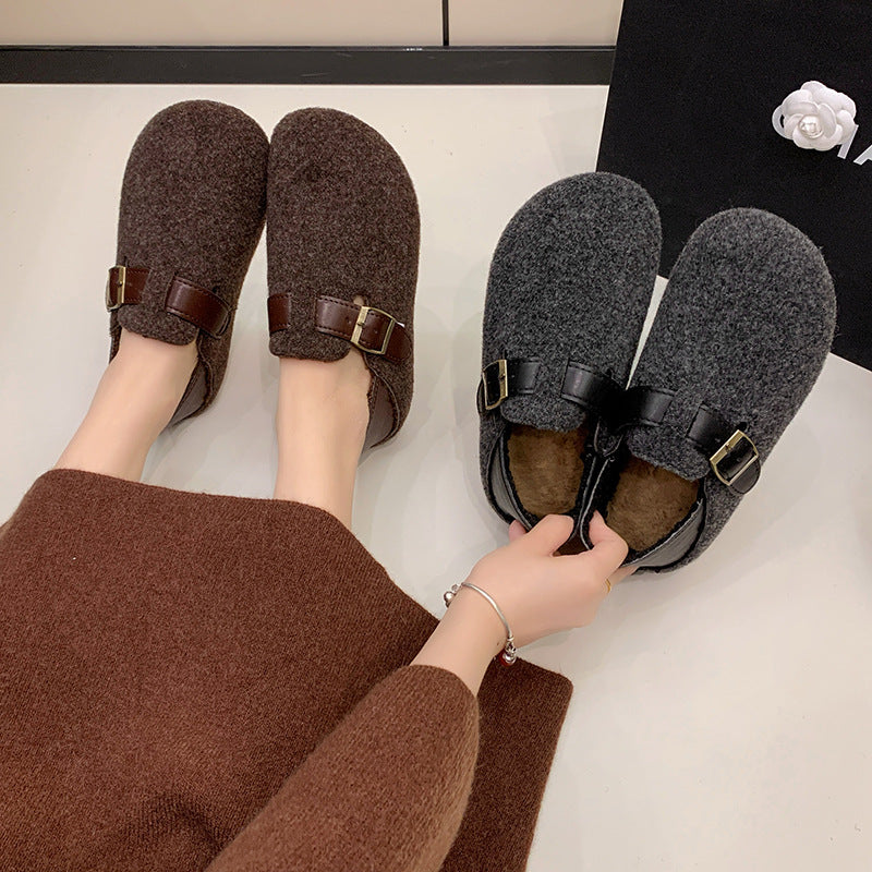 Damen gemütliche Filzpantoletten mit eleganter Schnallenverzierung R&B