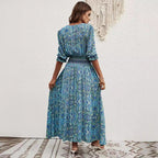 Damen Maxikleid mit abnehmbarem Taillengürtel und kunstvollem Muster R&B
