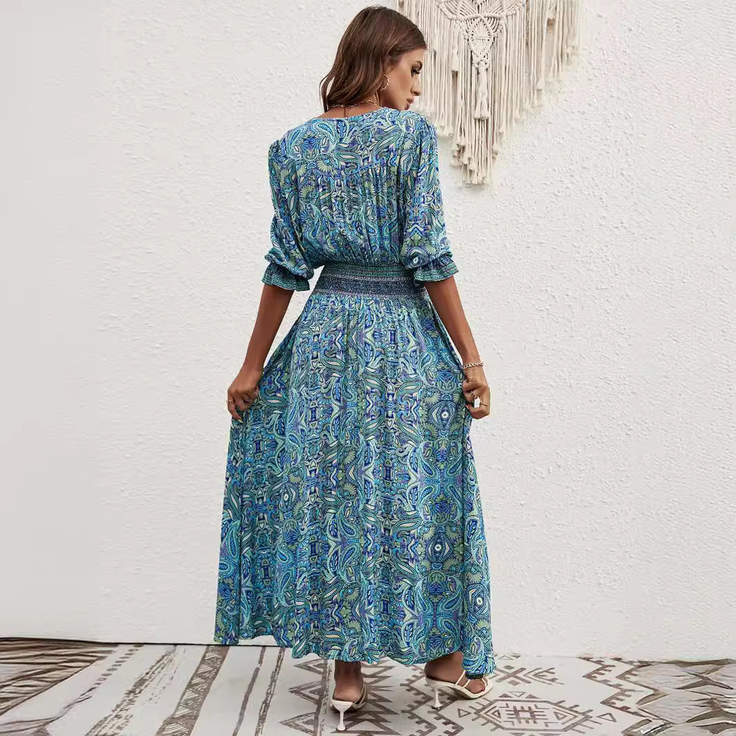 Damen Maxikleid mit abnehmbarem Taillengürtel und kunstvollem Muster R&B