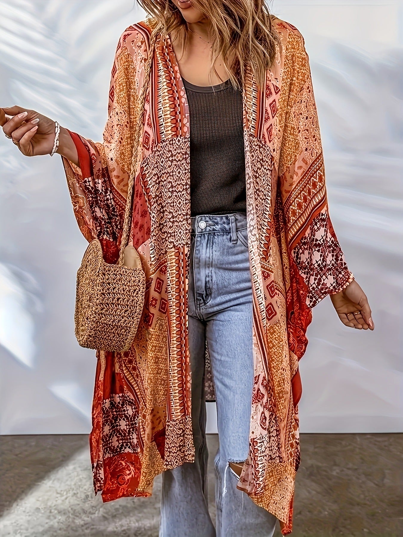 Damen Lässige Kimono-Jacke mit buntem Muster und weitem Schnitt R&B