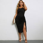 Damen lässiges Midi-Kleid mit verstellbaren Spagettiträgern und seitlichem Rüschendetail R&B