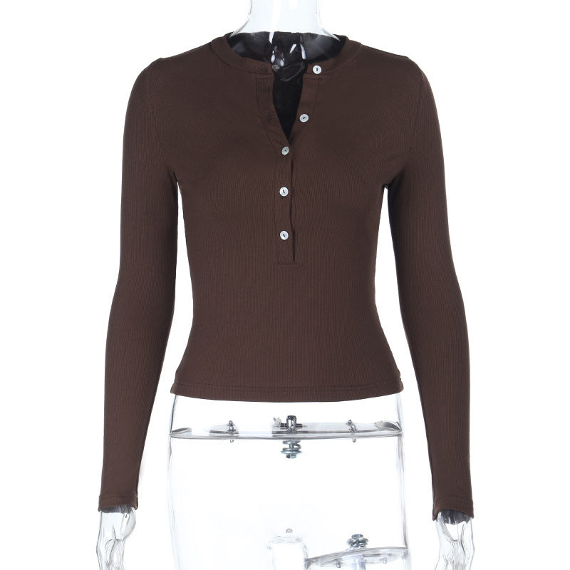 Damen Langarmshirt mit Knopfleiste und figurbetontem Schnitt R&B