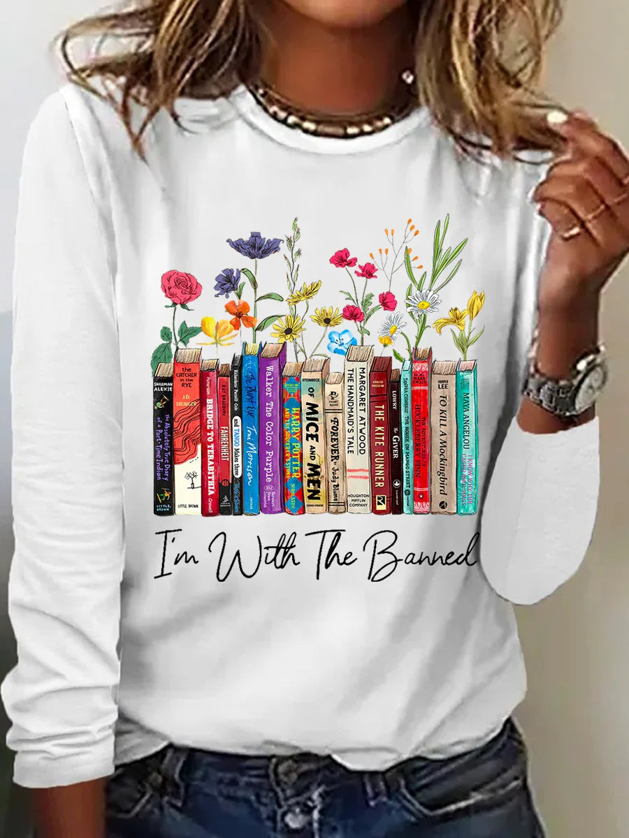 Damen Langarmshirt mit Bücher- und Blumenmotiv R&B
