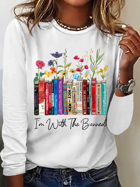 Damen Langarmshirt mit Bücher- und Blumenmotiv R&B