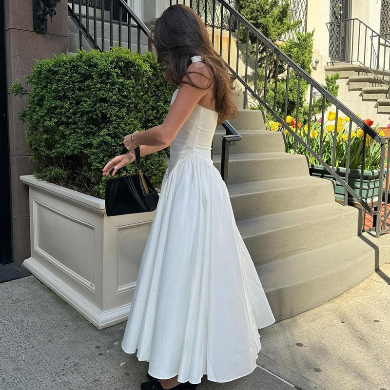 Damen Elegantes Maxikleid mit tiefem V-Ausschnitt und fließendem Rock R&B