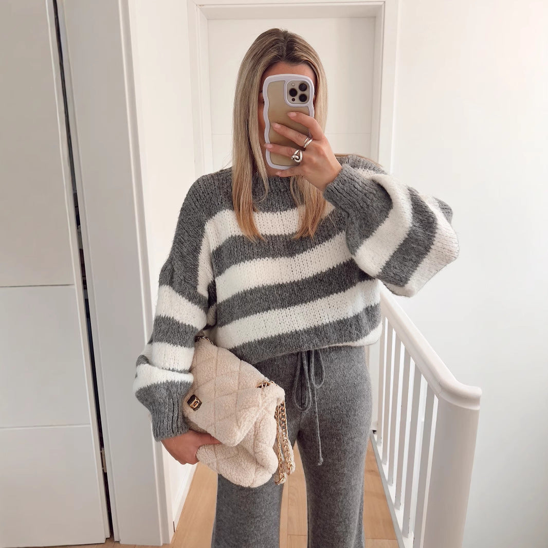 Damen modischer Cropped Pullover mit einzigartigem Streifenmuster und weit geschnittenen Ärmeln R&B