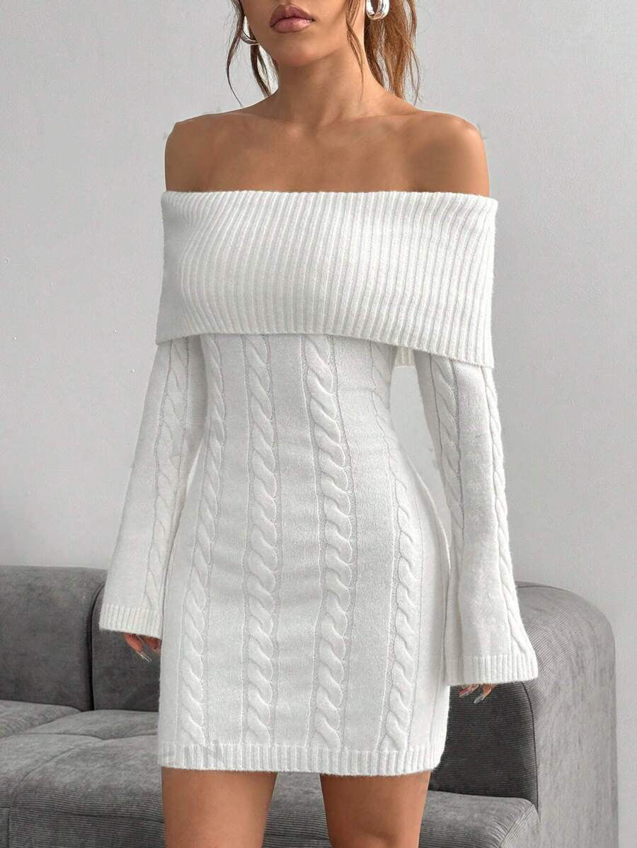 Damen Off-Shoulder Strickkleid mit Zopfmuster und voluminösen Ärmeln R&B