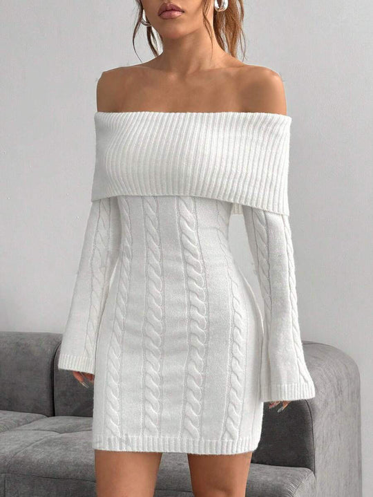 Damen Off-Shoulder Strickkleid mit Zopfmuster und voluminösen Ärmeln R&B