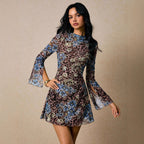 Damen nan figurbetontes Netz-Minikleid mit Leoparden- und Blumenprint, Stehkragen und Trompetenärmeln R&B