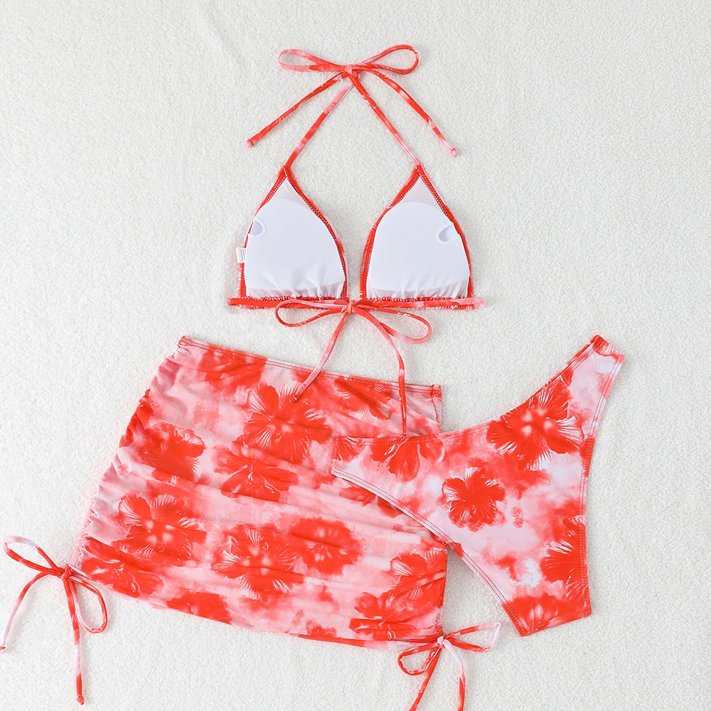 Damen Triangel-Bikini-Set mit verstellbaren Trägern und floralem Wickelrock R&B