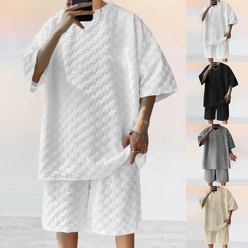 Unisex nan strukturiertes Relief-Set aus wabenartigem Jersey mit übergroßem Shirt und knielangen Shorts R&B