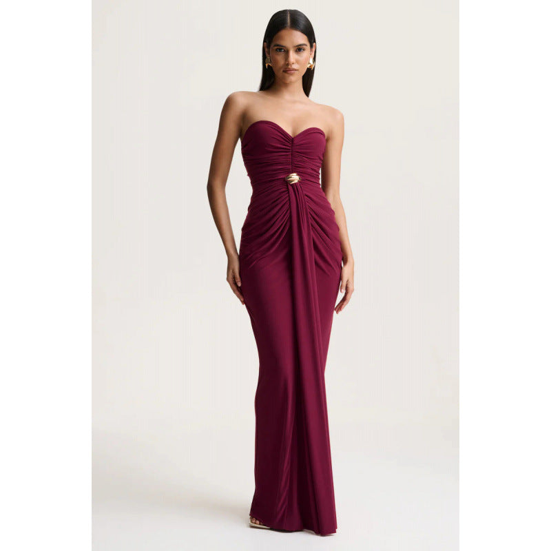 Damen Elegantes langes Abendkleid mit gerafftem Oberteil und goldener Schnalle R&B