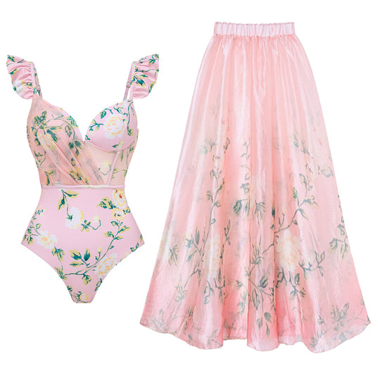 Damen Bikini-Set mit floralen Details und luftiger Maxi-Rock R&B