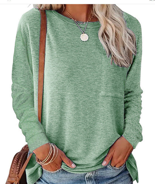 Damen lässiges Langarmshirt mit Taschen und Rundhalsausschnitt R&B
