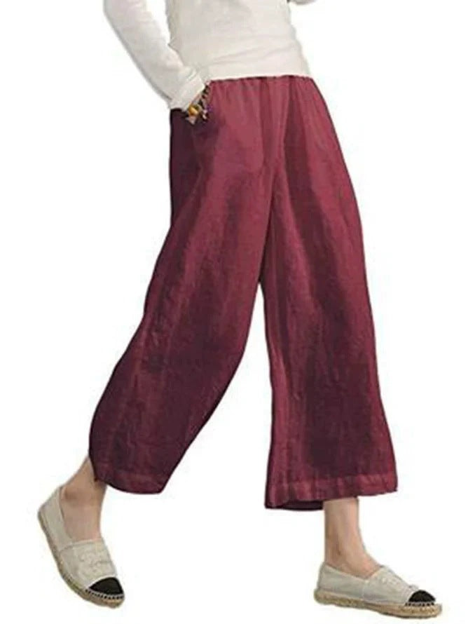 Damen weite Leinenhose mit seitlichen Taschen und elastischem Bund R&B