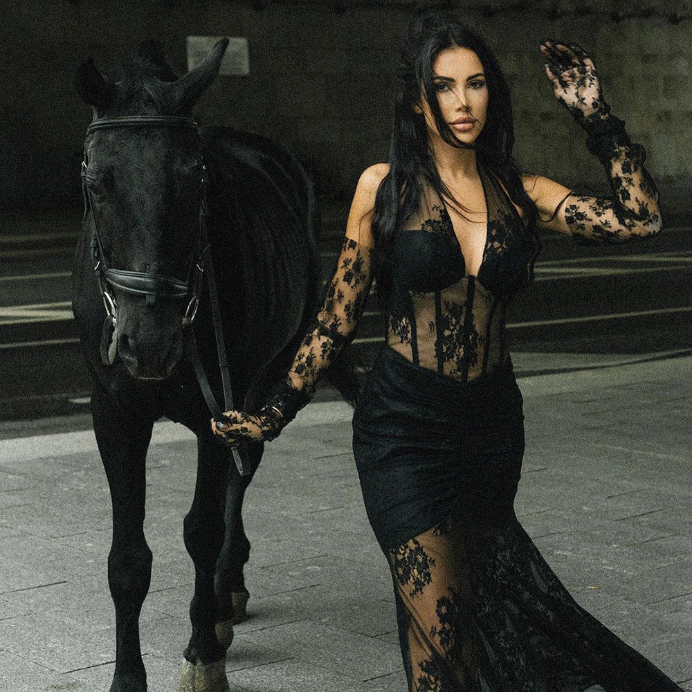 Damen elegantes Spitzenkleid mit langem Ärmel und raffinierten Falten R&B