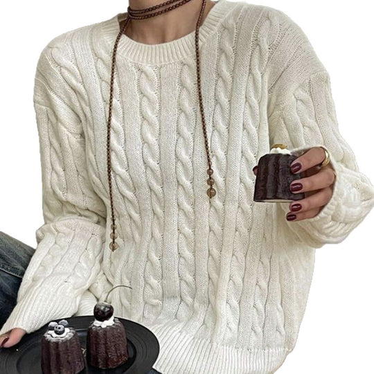 Damen Grobstrickpullover mit Zopfmuster und weiten Ärmeln R&B