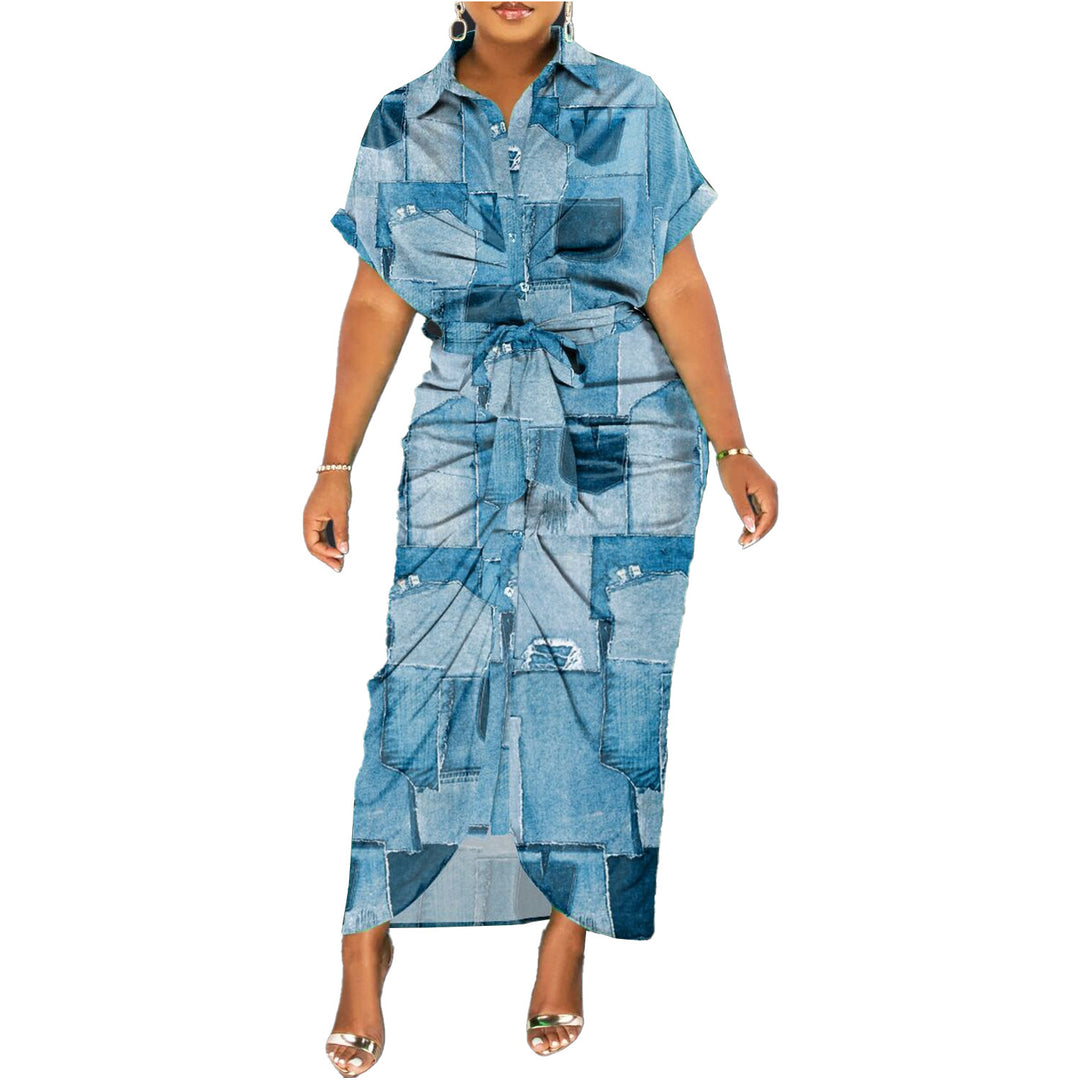 Damen Denim-Midi-Kleid mit einzigartigem Patchwork-Design und Taillengürtel R&B