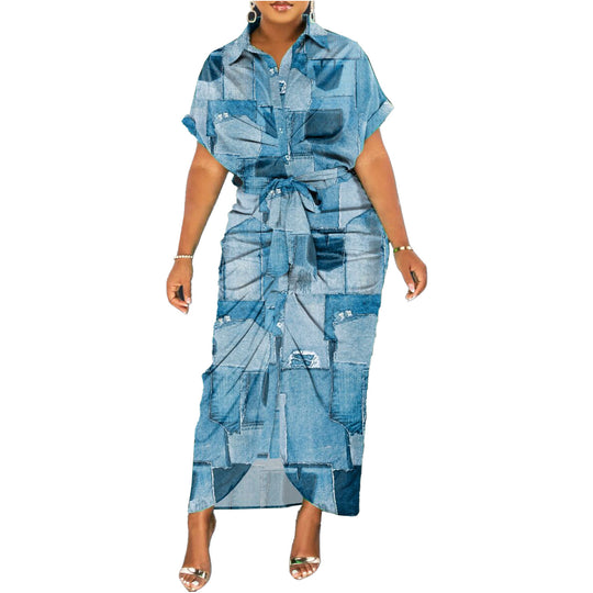 Damen Denim-Midi-Kleid mit einzigartigem Patchwork-Design und Taillengürtel R&B