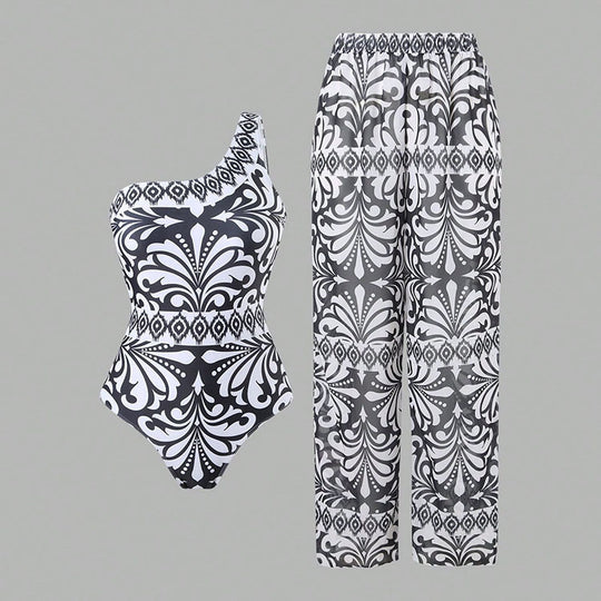 Damen einteiliger Badeanzug mit farbenfrohem Druck und passender Palazzo-Hose R&B