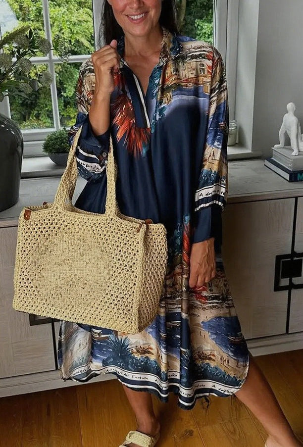 Damen nan Seidenoptik-Hemdkleid im Kaftanstil mit illustrativem Küstenprint R&B