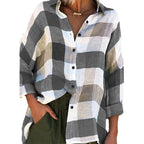Damen nan oversized Leinenbluse mit großem Karo-Muster und legerem Hemdkragen R&B