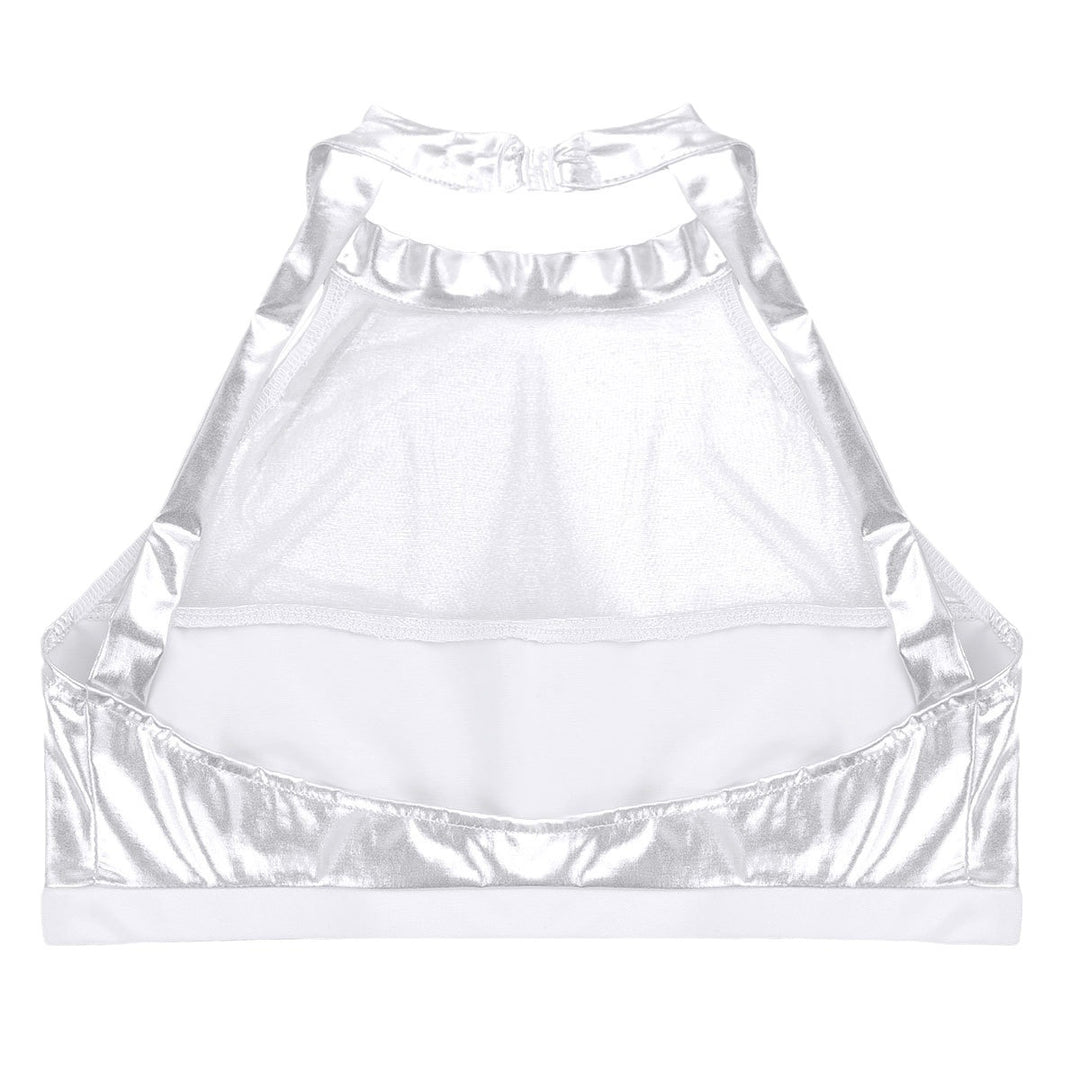 Damen Sportlicher Crop-Top aus glänzendem Material mit dekorativen Rüschen R&B